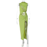 SheHori -Hollow Out Green High Split Maxi Dress SheHori