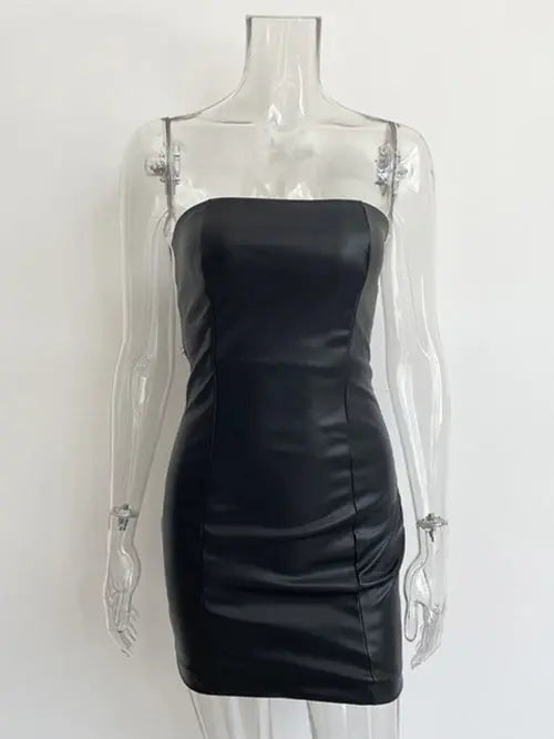 SheHori - Sexy Backless Strapless PU Leather Mini Dress
