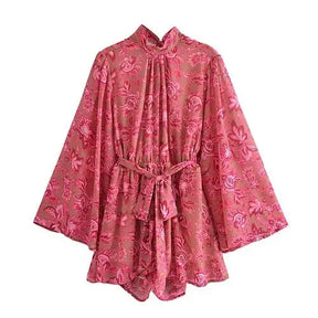 SheHori - Sleeve V Neck Peacock Floral Print Mini Dress