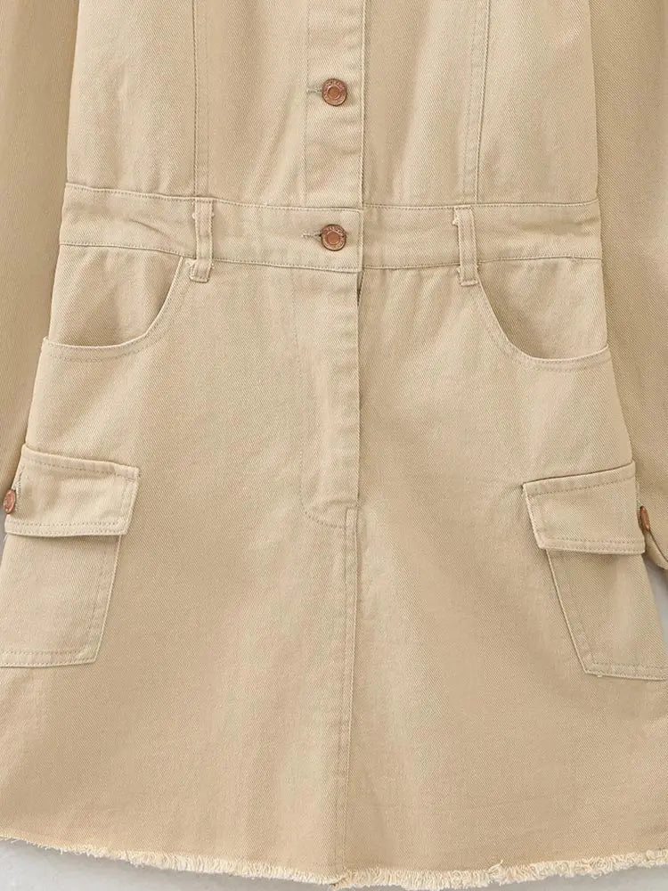 SheHori - Solid Single Button Pocket Denim Mini Dress