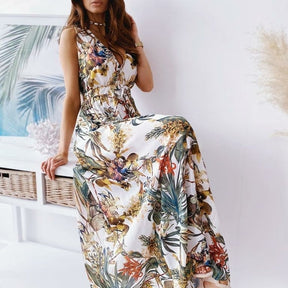 SheHori - Split Floral Print Flowy Maxi Dress SheHori