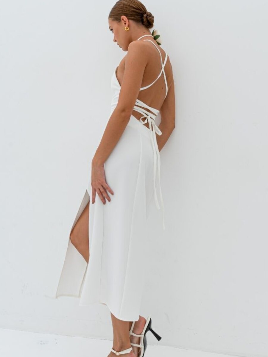 SheHori - Split White Backless Cross Satin Maxi Dress SheHori