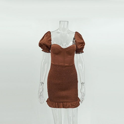 SheHori - Square Neck Fishbone Slim Fit Mini Dress SheHori
