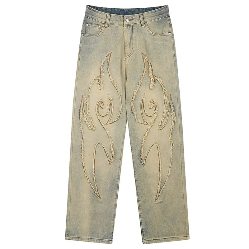 SheHori - Straight Leg Jeans Flame Embroidery SheHori