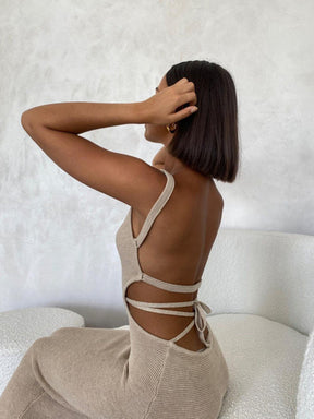 SheHori - Straps Sexy Backless Knit Maxi Dress SheHori