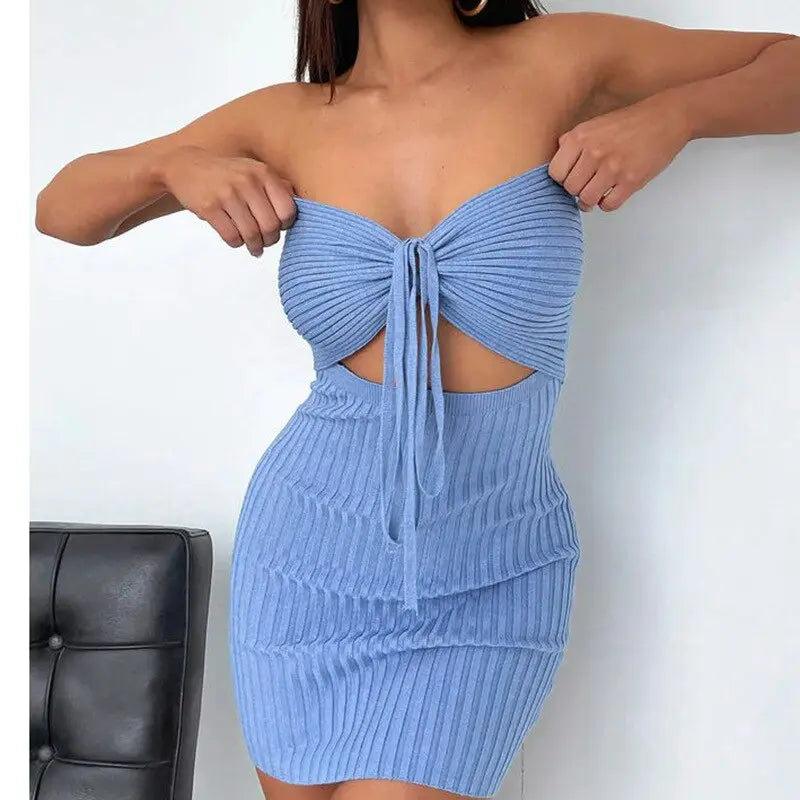 SheHori - Striped Knitted Hollow Out Strapless Sexy Mini Dress