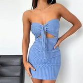 SheHori - Striped Knitted Hollow Out Strapless Sexy Mini Dress