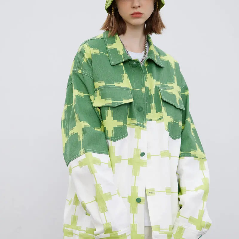 SheHori - Stylish Green Denim Jacket Plaid Patchwork SheHori