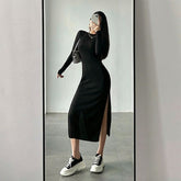 SheHori - Tight Thin Round Neck Midi Dress SheHori