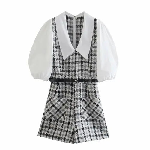 SheHori - Tweed Knitted Plaid Romper SheHori