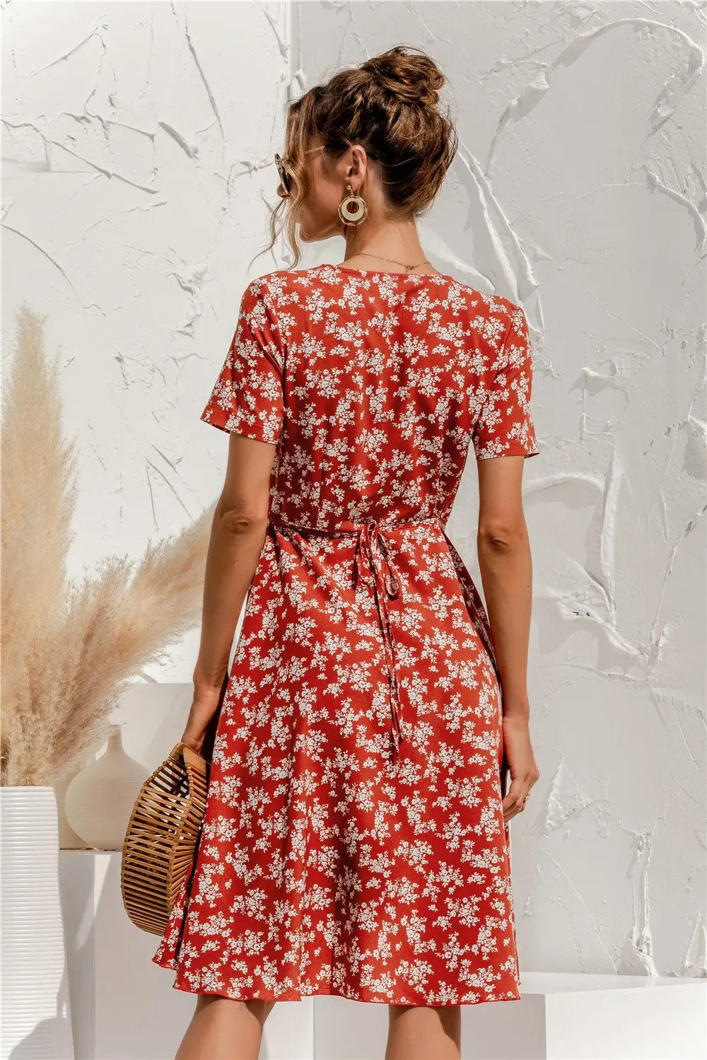 SheHori - V Neck Floral Print Mini Dress