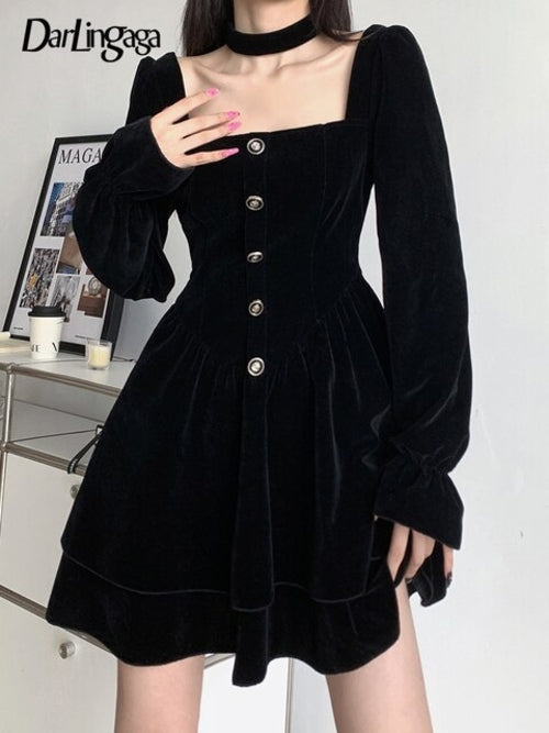 SheHori - Velvet Neck Buttons Mini Dress SheHori