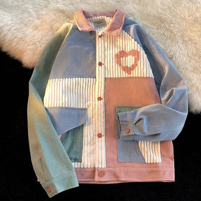 SheHori - Vintage Corduroy Jacket Heart Color Block SheHori