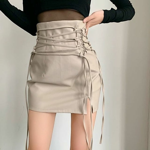 SheHori - Waist Lace Leather Mini Skirt SheHori