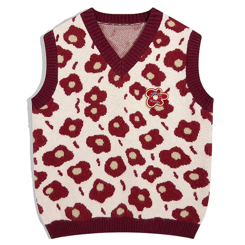 SheHori - Warm Knit Sweater Vest Red Flowers SheHori