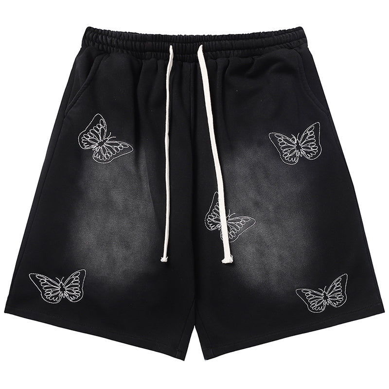 SheHori - Washed Shorts Embroidery Butterfly SheHori