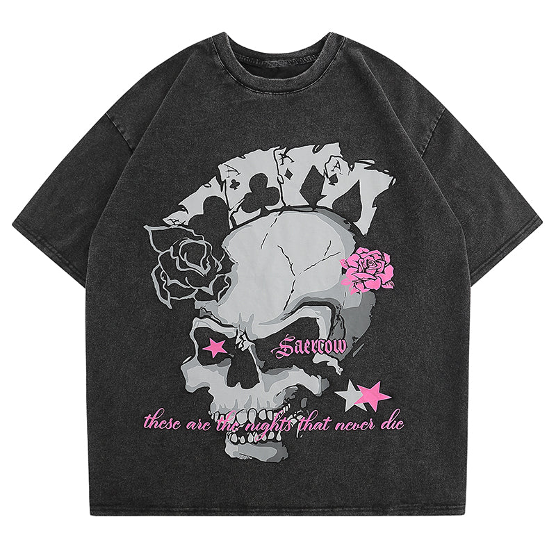 SheHori - Washed T-shirt Rose Skull SheHori