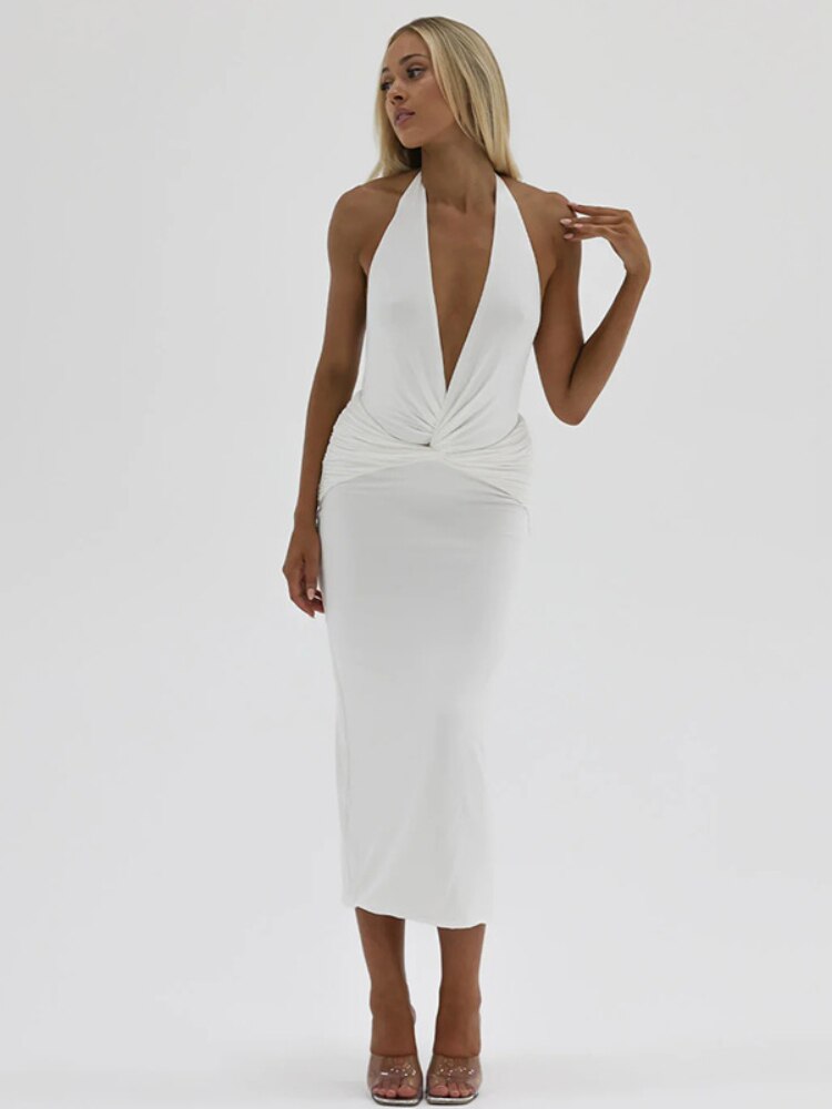 SheHori - White Backless Midi Dress SheHori