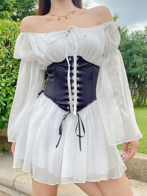 SheHori - White Flare Sleeves Mini Dress SheHori