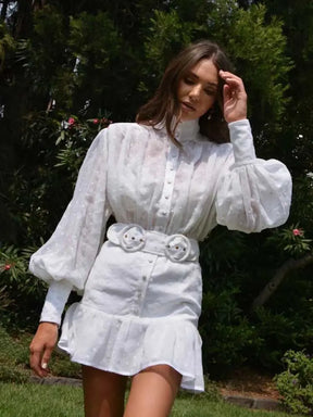 SheHori - White Polka Dot Embroidered Mini Dress