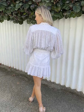 SheHori - White Polka Dot Embroidered Mini Dress