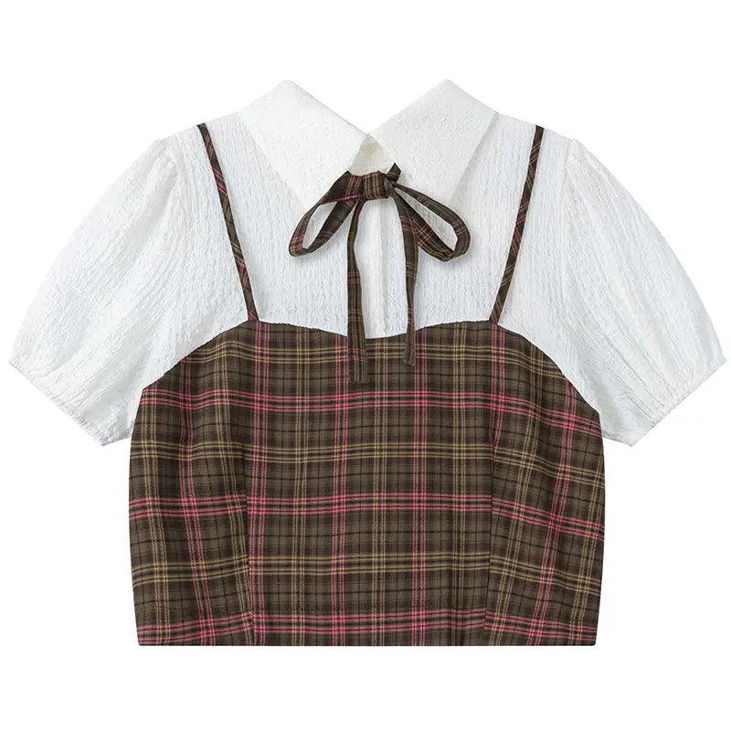 SheHori - Women Checked Crop T-shirt and Pleated Skirt Suit Sets SheHori