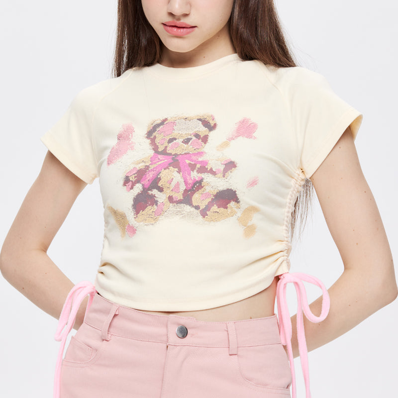 SheHori - Women Drawstring Ruched Side Crop T-shirt Bear SheHori