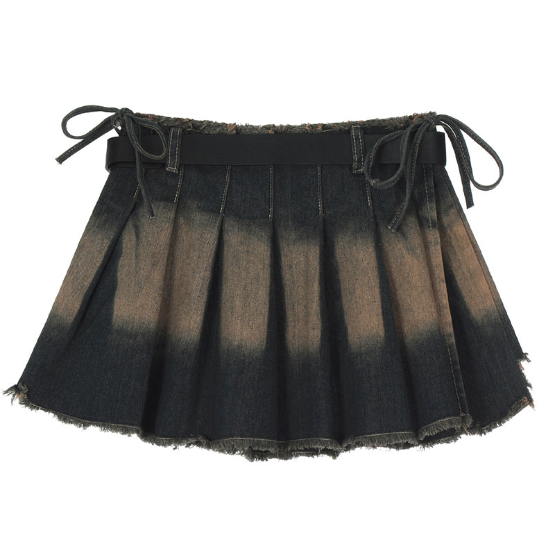 SheHori - Women Pleated Mini Denim Skirt Butterfly Belt SheHori