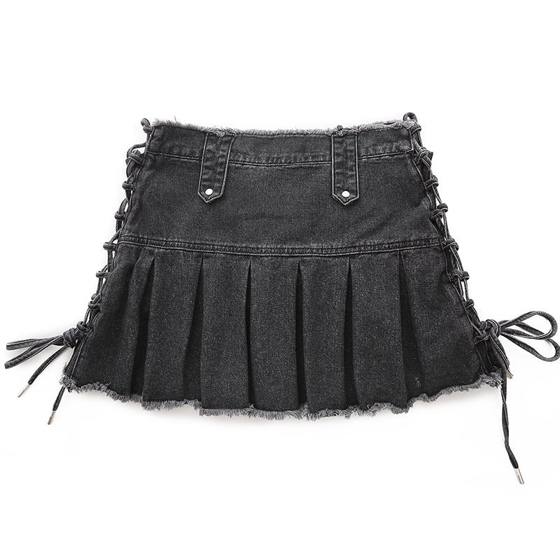 SheHori - Women Sweet Denim Pleated Skirt Side Straps SheHori