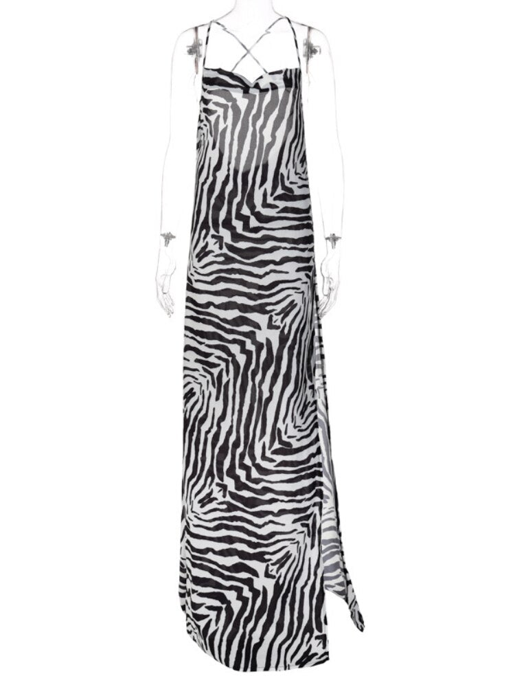 SheHori - Zebra Print Split Maxi Dress SheHori