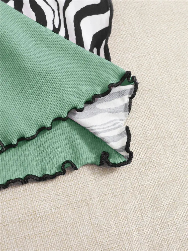 SheHori - Zebra Stripe Graphic Patchwork Rib Knit Ruched Crop Top SheHori