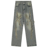 SheHori - American Style Jeans Frayed Cross SheHori