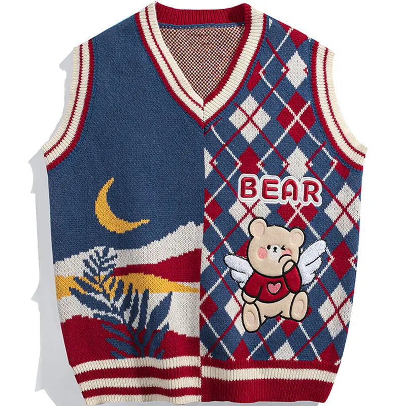 SheHori - Argyle Knit Sweater Vest Bear SheHori