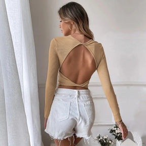 SheHori - Backless Casual Short Knit Slim Fit Long Sleeve Crop Top SheHori