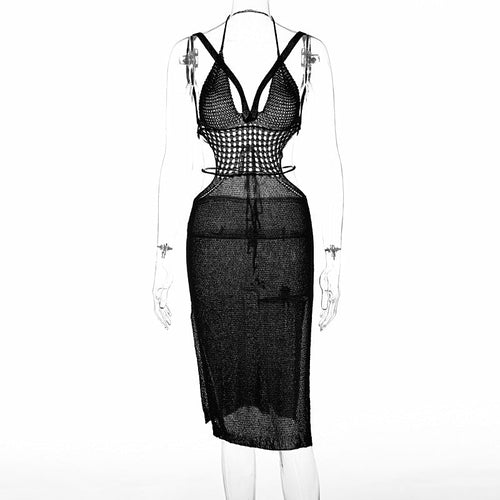 SheHori - Backless Knitted Straps Midi Dress SheHori
