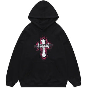 SheHori - Retro Streetwear Hoodie Inkjet Cross SheHori