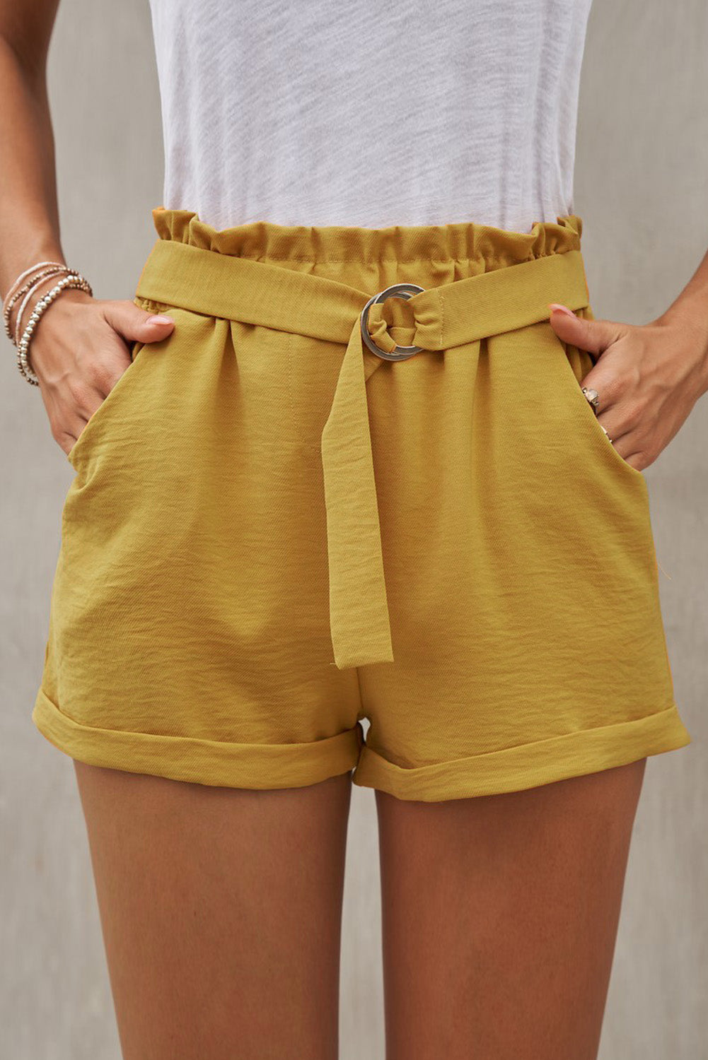 SheHori -  Summer Yellow Casual Paper Waist Shorts SheHori