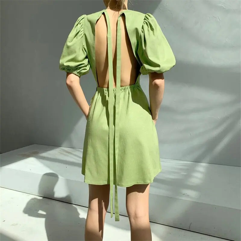 SheHori - Backless Lace Up Puff Mini Dress streetwear fashion, outfit, versatile fashion shehori.com
