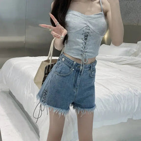 SheHori - Bandage Tassel Trend Mini Jeans streetwear fashion, outfit, versatile fashion shehori.com