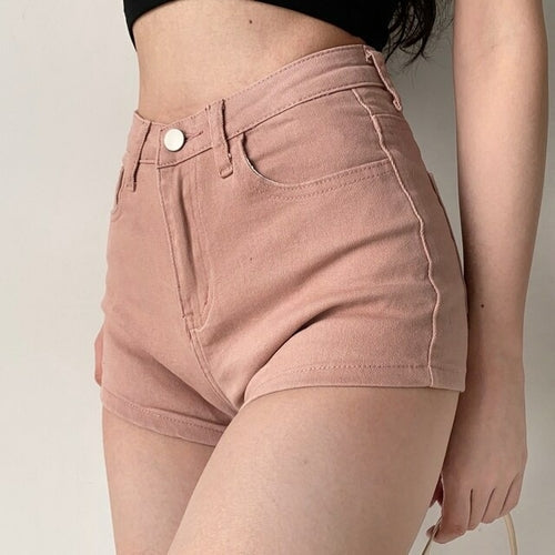 SheHori - Basic High Waist Slim Pink Denim Shorts streetwear fashion, outfit, versatile fashion shehori.com