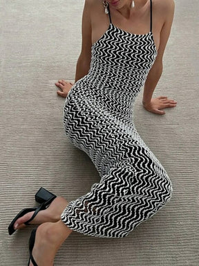 SheHori - Black White Wave Stripe Maxi Dress streetwear fashion, outfit, versatile fashion shehori.com