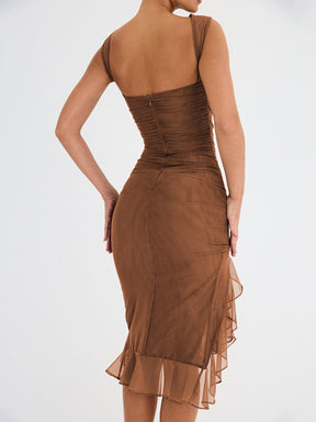SheHori - Brown Pleated Midi Dress streetwear fashion, outfit, versatile fashion shehori.com