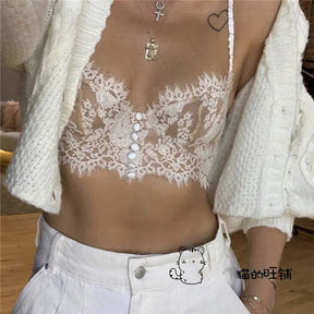 SheHori - Button White Lace Bralette Backless Crop Top streetwear fashion, outfit, versatile fashion shehori.com