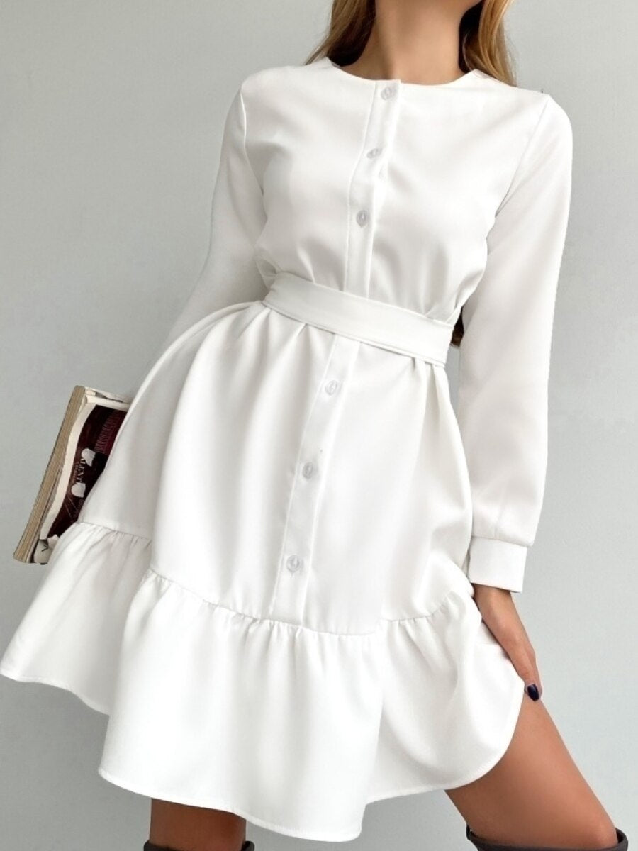 SheHori - Casual Ruffles Sashes Button Mini Dress streetwear fashion, outfit, versatile fashion shehori.com