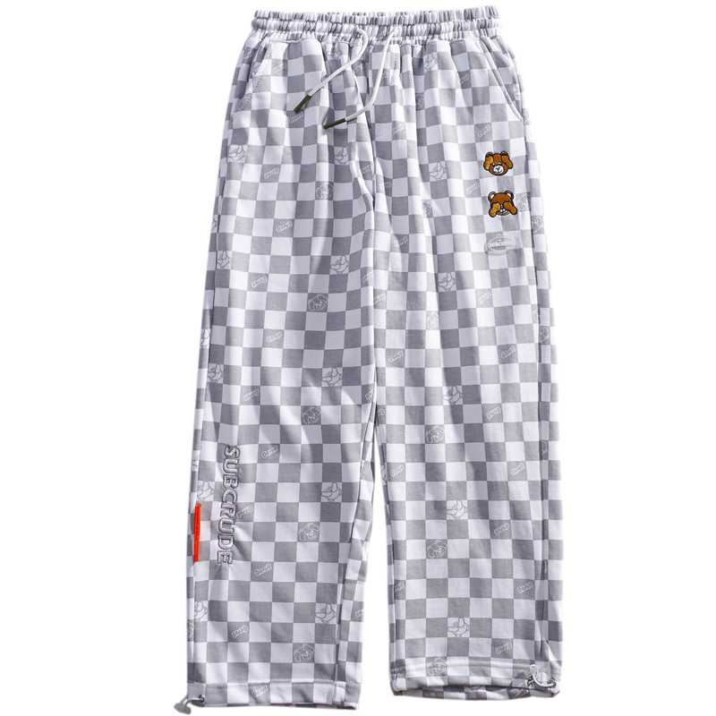 SheHori - Checkerboard Sweatpants Embroidery Bear streetwear fashion, outfit, versatile fashion shehori.com