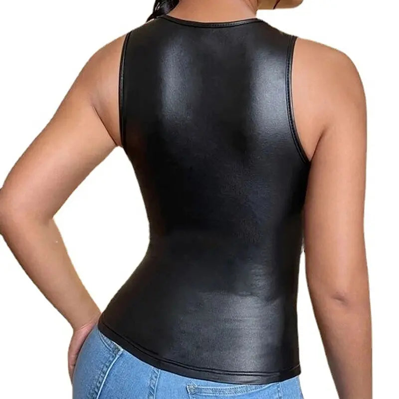 SheHori - Clubwear Black Patent Leather Sleeveless Crop Top streetwear fashion, outfit, versatile fashion shehori.com