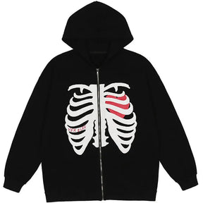 SheHori - Cool Zip Up Hoodie Skeleton Heart Print streetwear fashion, outfit, versatile fashion shehori.com