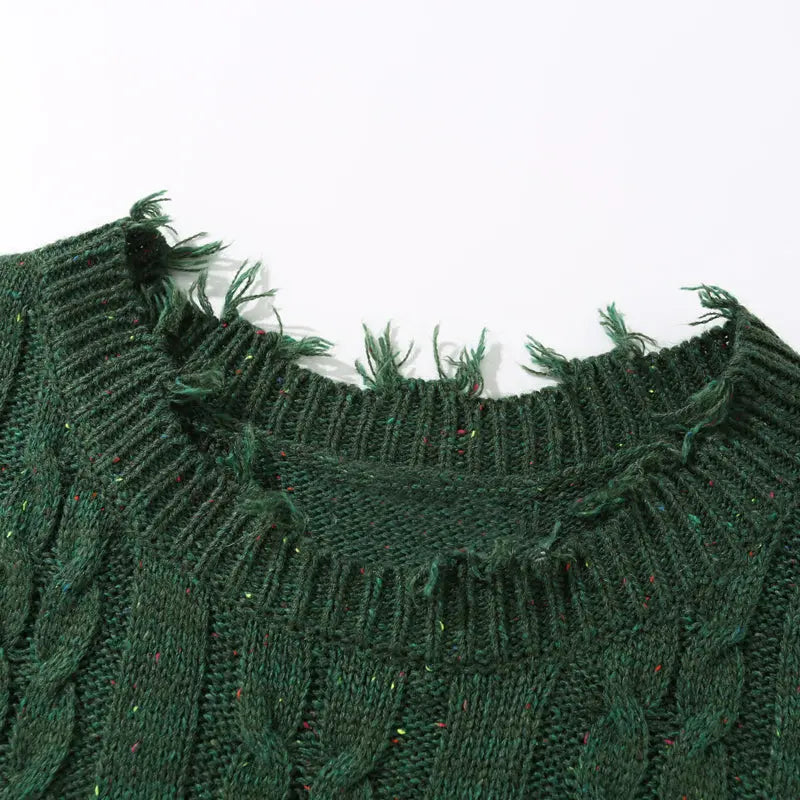 SheHori - Distressed Cable Knit Sweatshirt Green L streetwear fashion, outfit, versatile fashion shehori.com