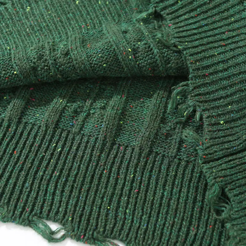 SheHori - Distressed Cable Knit Sweatshirt Green L streetwear fashion, outfit, versatile fashion shehori.com