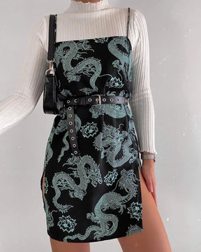 SheHori - Dragon Print Strappy Black Mini Dress streetwear fashion, outfit, versatile fashion shehori.com